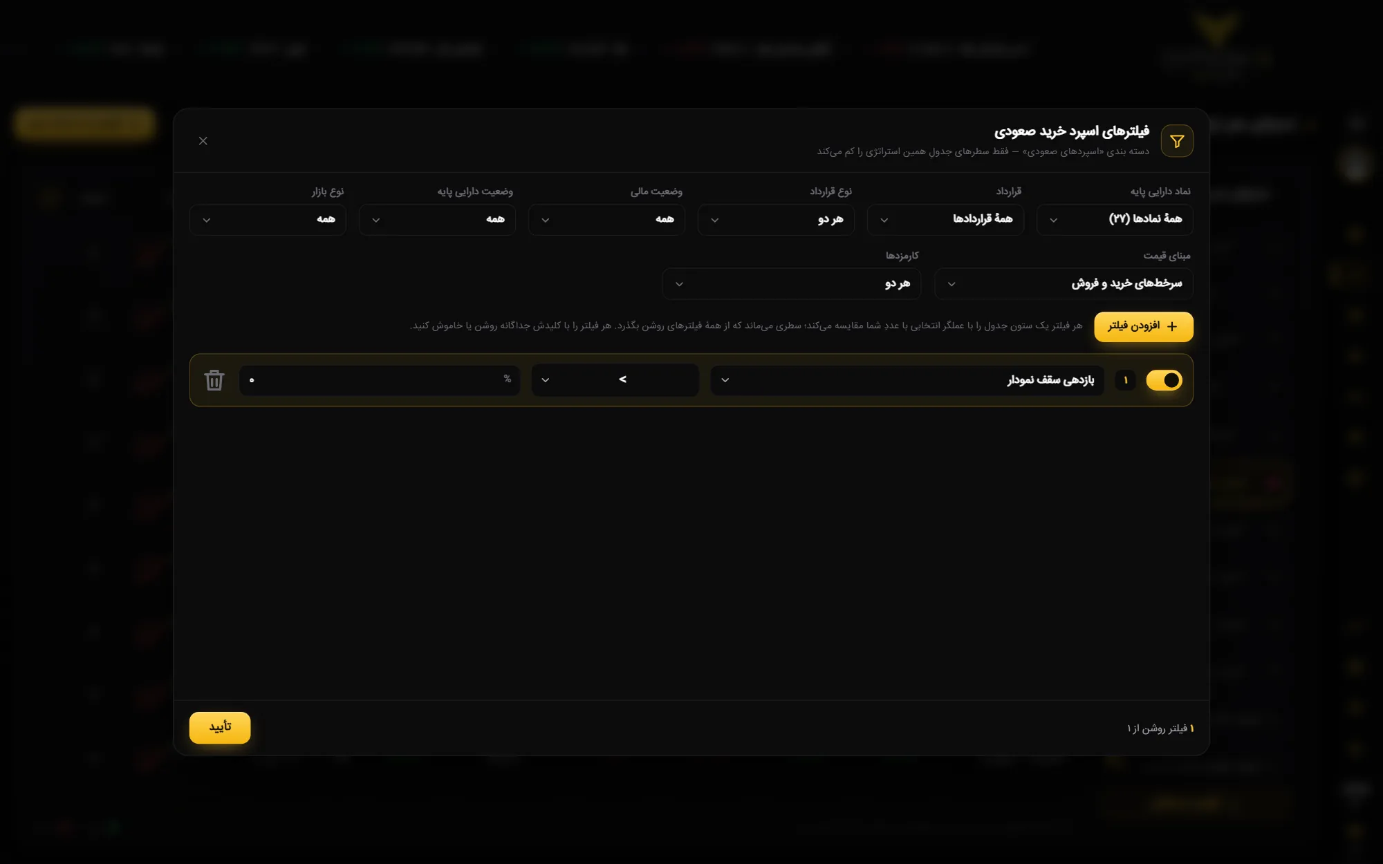 کارت فیلتر هر استراتژی در OptionAi (آپشن ای آی) — کجا بگردد، مبنای قیمت، کارمزدها، افزودن فیلتر، روشن و خاموش، ستون و…
